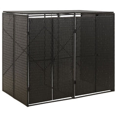 Black poly rattan double wheelie bin shed with mesh panels and doors, dimensions 55.1x31.5x46.1 inches.