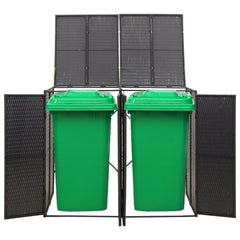 Black poly rattan double wheelie bin shed enclosing two green bins with mesh sides and open top.