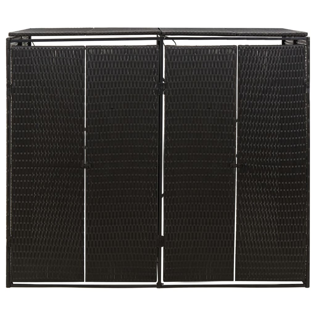Black poly rattan double wheelie bin shed with hinged doors and flip-top lid.