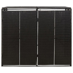 Black poly rattan double wheelie bin shed with hinged doors and flip-top lid.