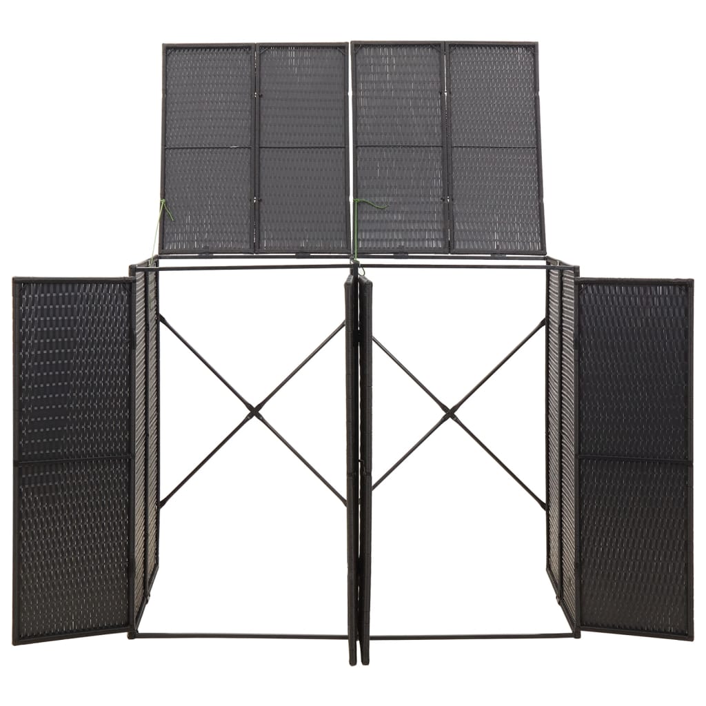 Black poly rattan double wheelie bin shed with open doors and lid.