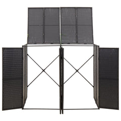 Black poly rattan double wheelie bin shed with open doors and lid.