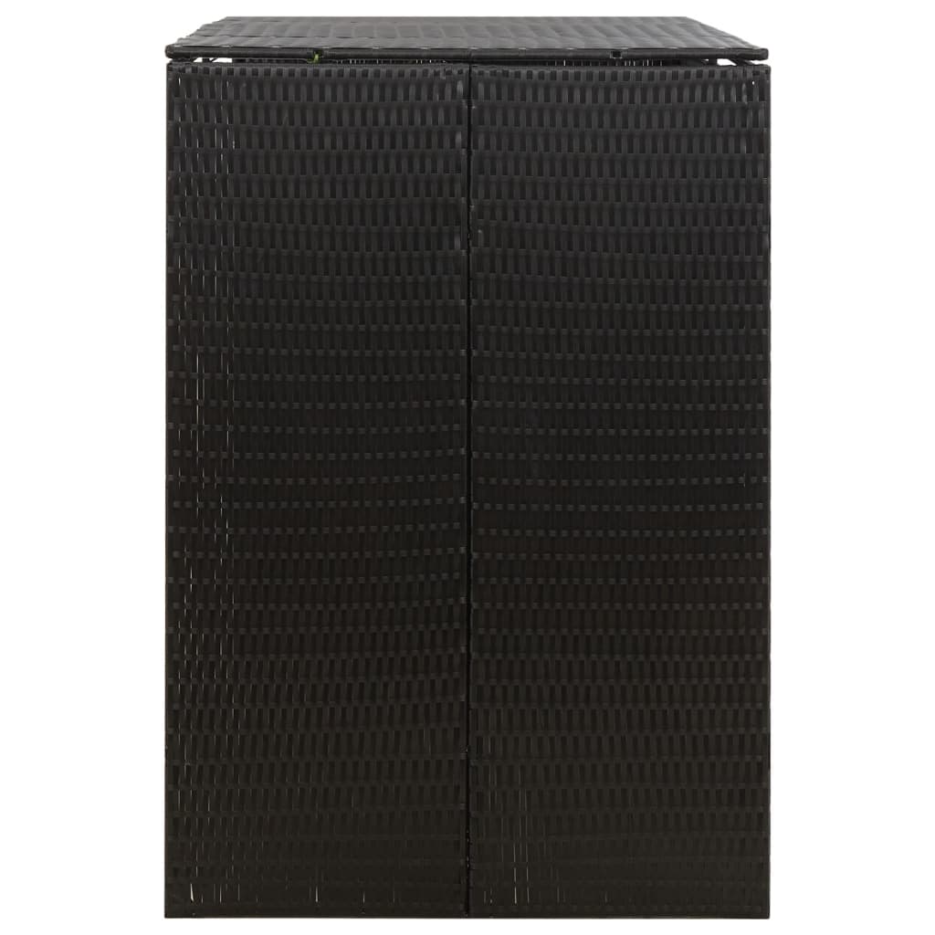 Black poly rattan double wheelie bin shed with double doors and flip-top lid.