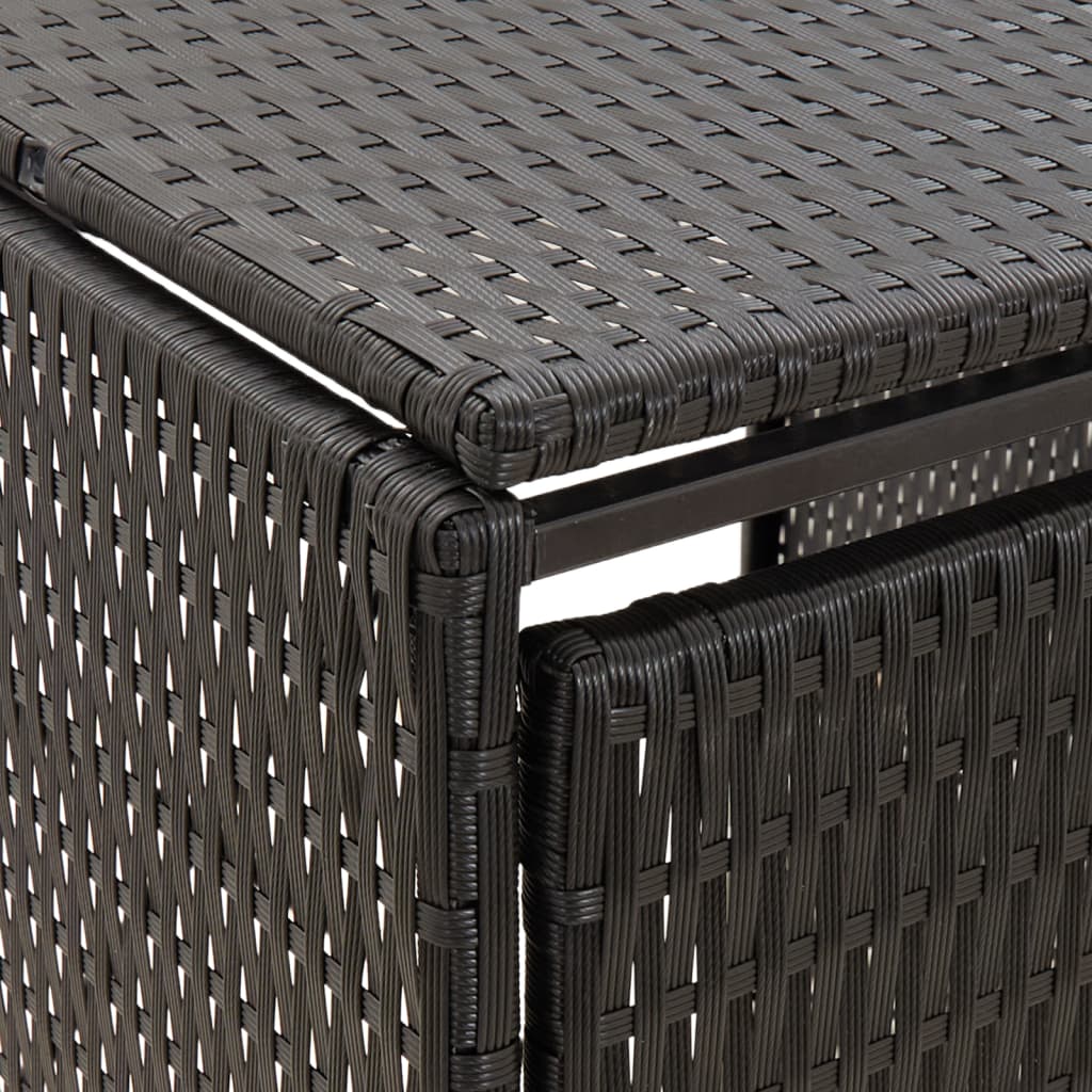 Black poly rattan double wheelie bin shed with woven texture and steel frame.