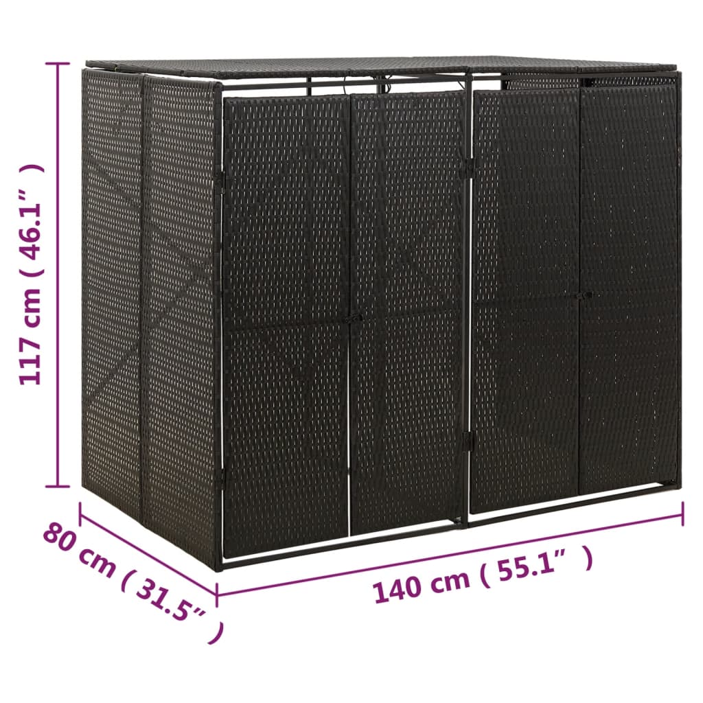 Black poly rattan double wheelie bin shed, 140x80x117 cm, with mesh panels and doors.