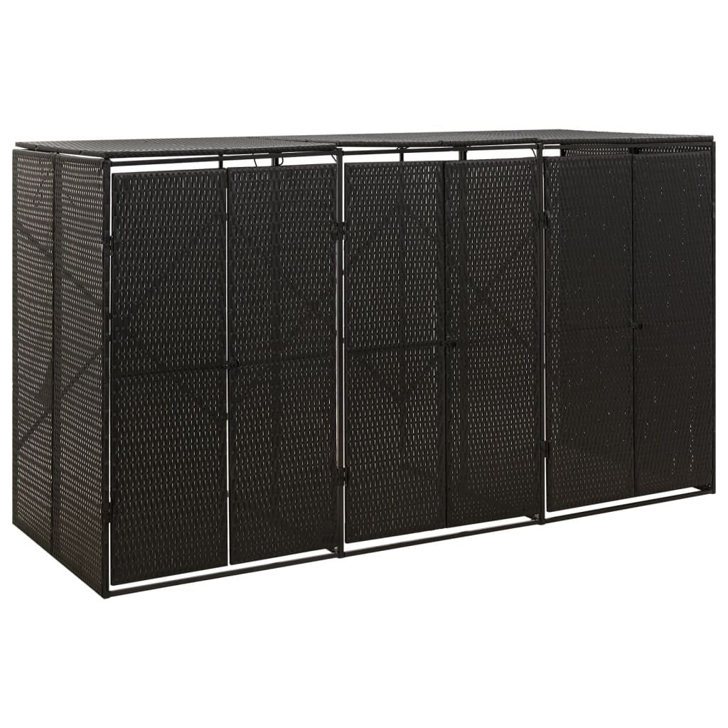 Black poly rattan triple wheelie bin shed, 81.5x31.5x46.1 cm, with lockable doors.