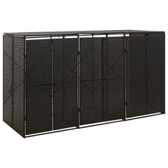Black poly rattan triple wheelie bin shed, 81.5x31.5x46.1 cm, with lockable doors.