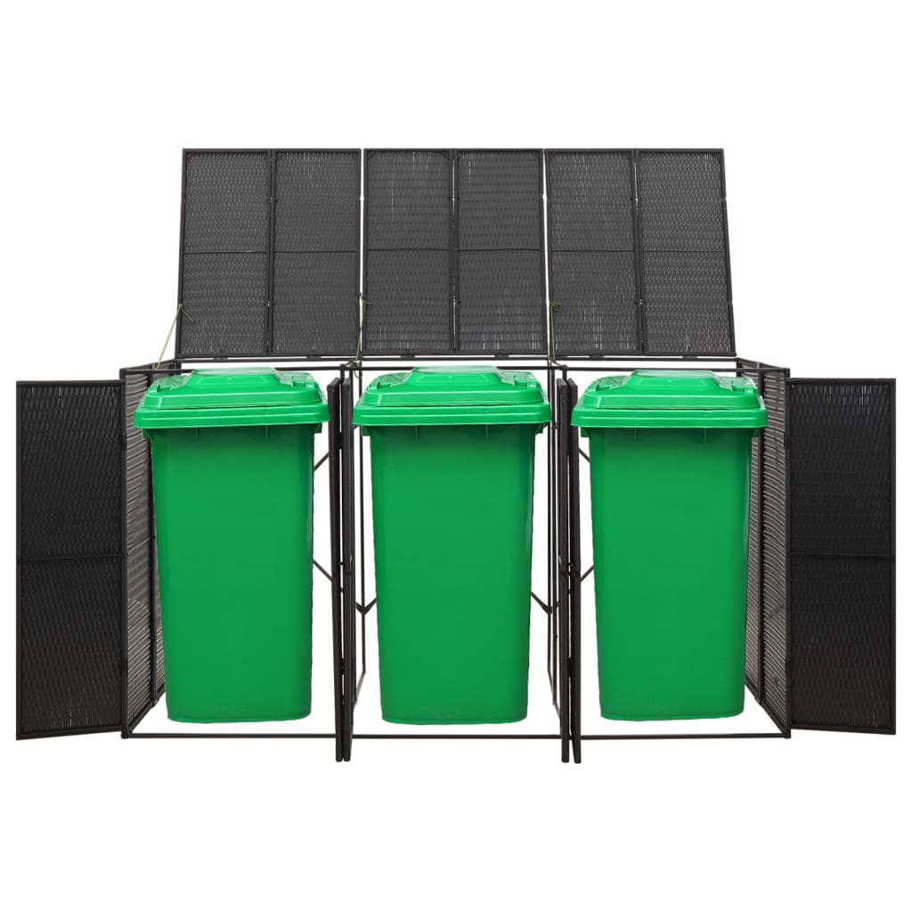 Black poly rattan triple wheelie bin shed with three green bins inside, measuring 81.5x31.5x46.1 cm.