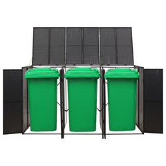 Black poly rattan triple wheelie bin shed with three green bins inside, measuring 81.5x31.5x46.1 cm.