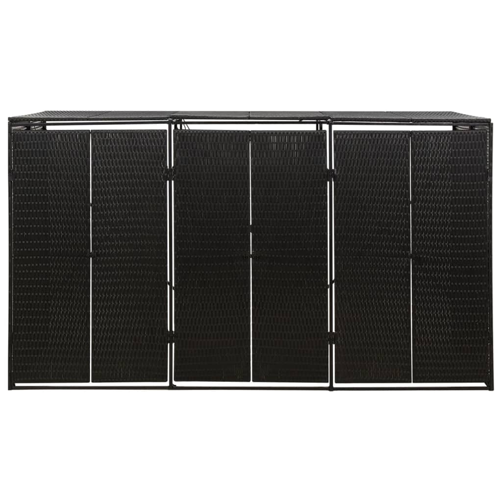 Black poly rattan triple wheelie bin shed with three lockable doors, measuring 81.5x31.5x46.1 cm.