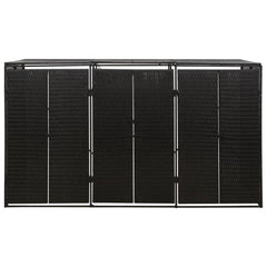 Black poly rattan triple wheelie bin shed with three lockable doors, measuring 81.5x31.5x46.1 cm.