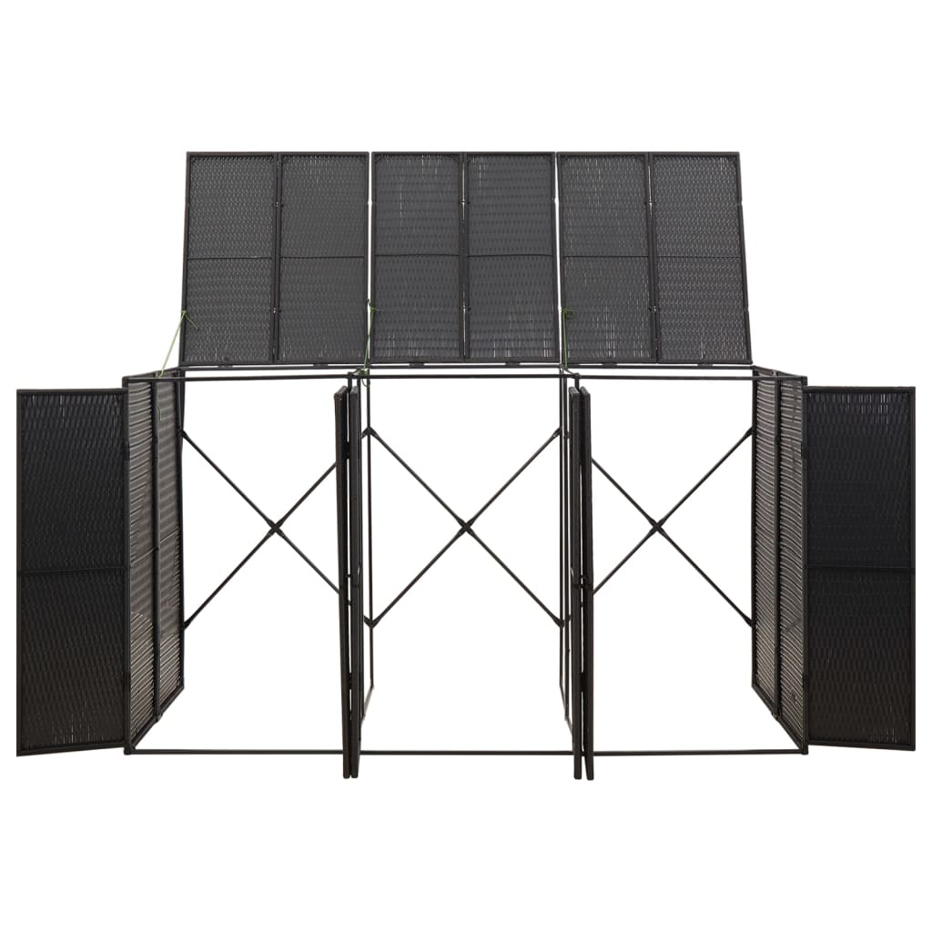 Black poly rattan triple wheelie bin shed with three doors, 81.5x31.5x46.1 cm.