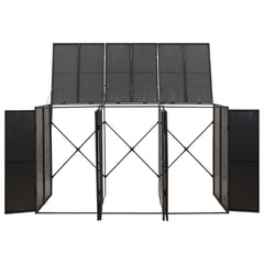 Black poly rattan triple wheelie bin shed with three doors, 81.5x31.5x46.1 cm.