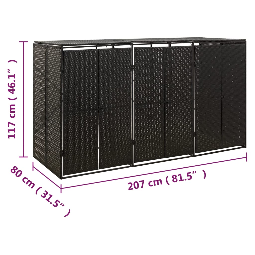 Black poly rattan triple wheelie bin shed, 81.5x31.5x46.1 inches, with dimensions shown.