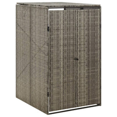 Gray poly rattan single wheelie bin shed with lift-up lid and double doors.