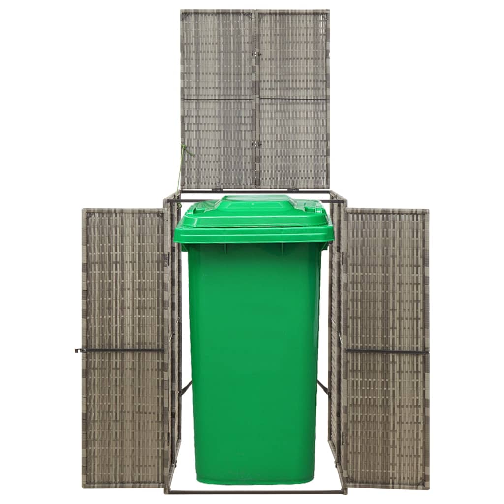 Gray poly rattan wheelie bin shed with lift-up lid and double front doors for one bin.