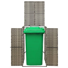 Gray poly rattan wheelie bin shed with lift-up lid and double front doors for one bin.