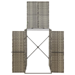 Gray poly rattan single wheelie bin shed with open doors and lift-up lid.
