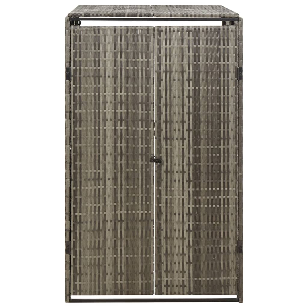 Gray poly rattan single wheelie bin shed with lift-up lid and double doors.