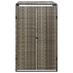 Gray poly rattan single wheelie bin shed with lift-up lid and double doors.