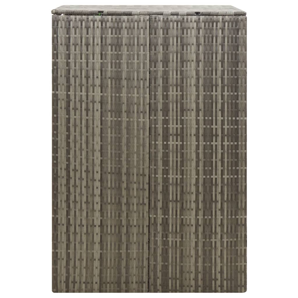 Gray poly rattan single wheelie bin shed with lift-up lid and lockable front doors.