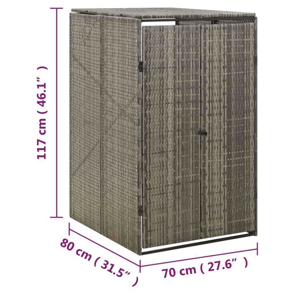 Gray poly rattan single wheelie bin shed measuring 27.6 x 31.5 x 46.1 inches with lift-up lid and double doors.