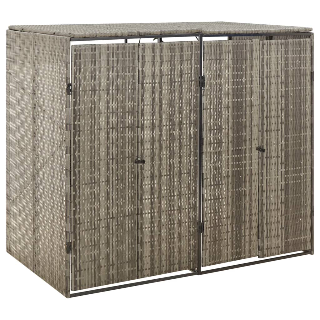 Gray poly rattan double wheelie bin shed, 55x31x46 inches, with double doors and slatted panels.