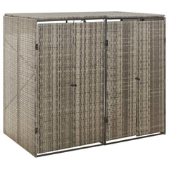 Gray poly rattan double wheelie bin shed, 55x31x46 inches, with double doors and slatted panels.