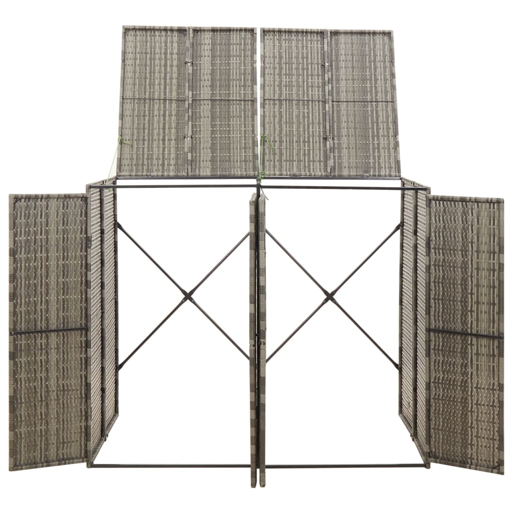 Gray poly rattan double wheelie bin shed with open doors and lid, measuring 55x31x46 inches.