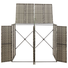 Gray poly rattan double wheelie bin shed with open doors and lid, measuring 55x31x46 inches.
