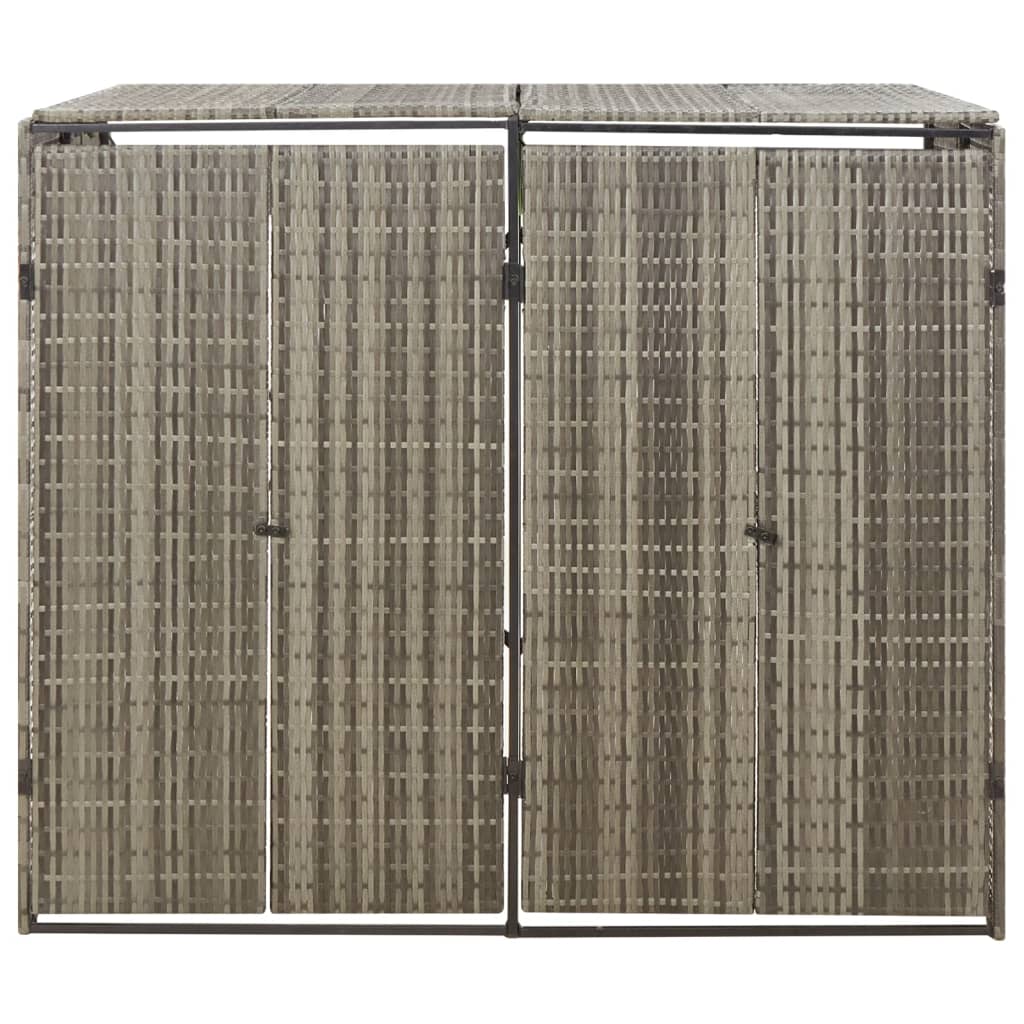 Gray poly rattan double wheelie bin shed with double doors, 55x31x46 inches.