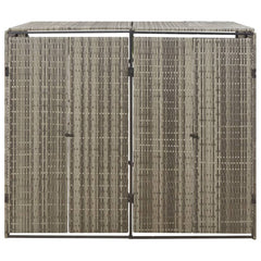 Gray poly rattan double wheelie bin shed with double doors, 55x31x46 inches.