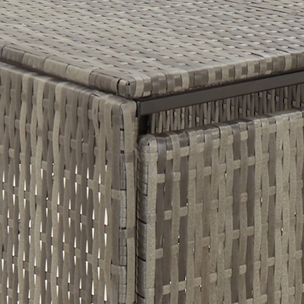 Gray poly rattan double wheelie bin shed with woven panels and open side doors, measuring 55x31x46 inches.