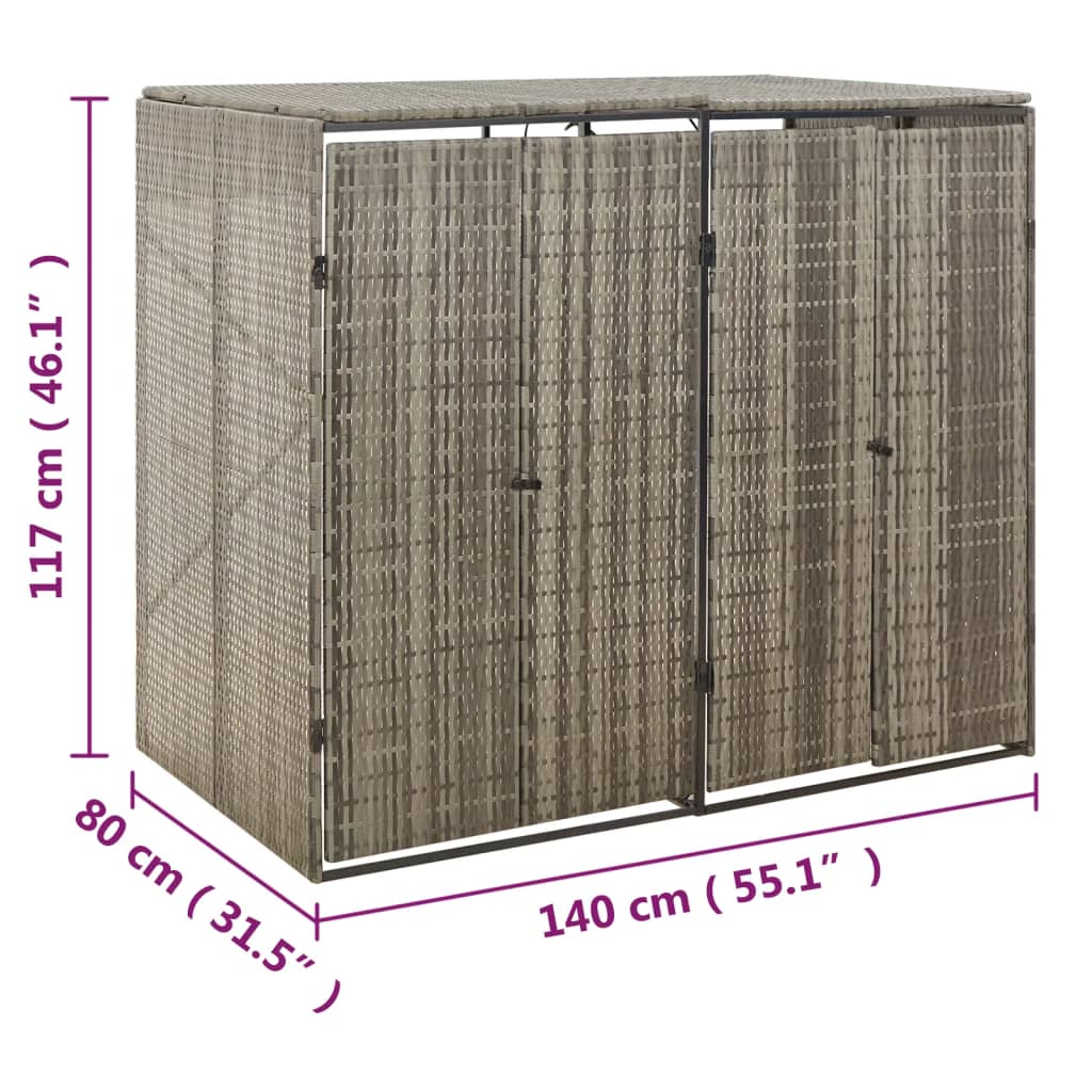 Gray poly rattan double wheelie bin shed, 55x31x46 inches, with double doors and lid.