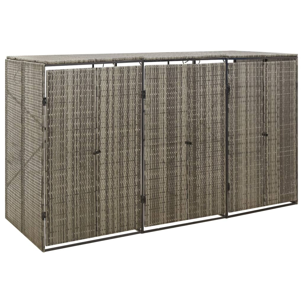 Gray poly rattan triple wheelie bin shed with metal frame and locking doors.