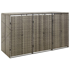 Gray poly rattan triple wheelie bin shed with metal frame and locking doors.