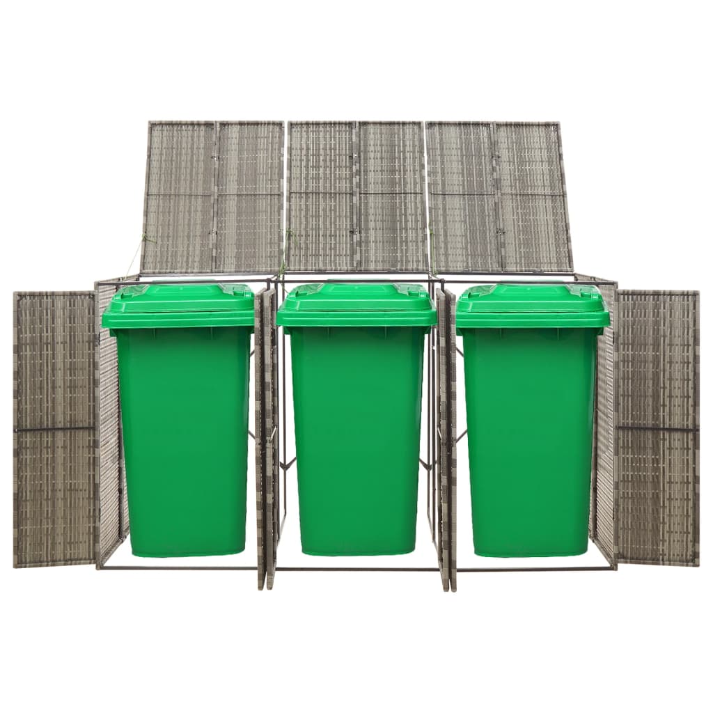 Gray poly rattan triple wheelie bin shed enclosing three green bins, measuring 81.5x31.5x46.1 inches.