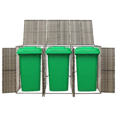 Gray poly rattan triple wheelie bin shed enclosing three green bins, measuring 81.5x31.5x46.1 inches.