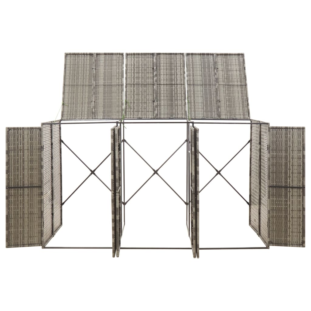 Gray poly rattan triple wheelie bin shed with flip-top lids and locking doors.