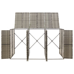 Gray poly rattan triple wheelie bin shed with flip-top lids and locking doors.