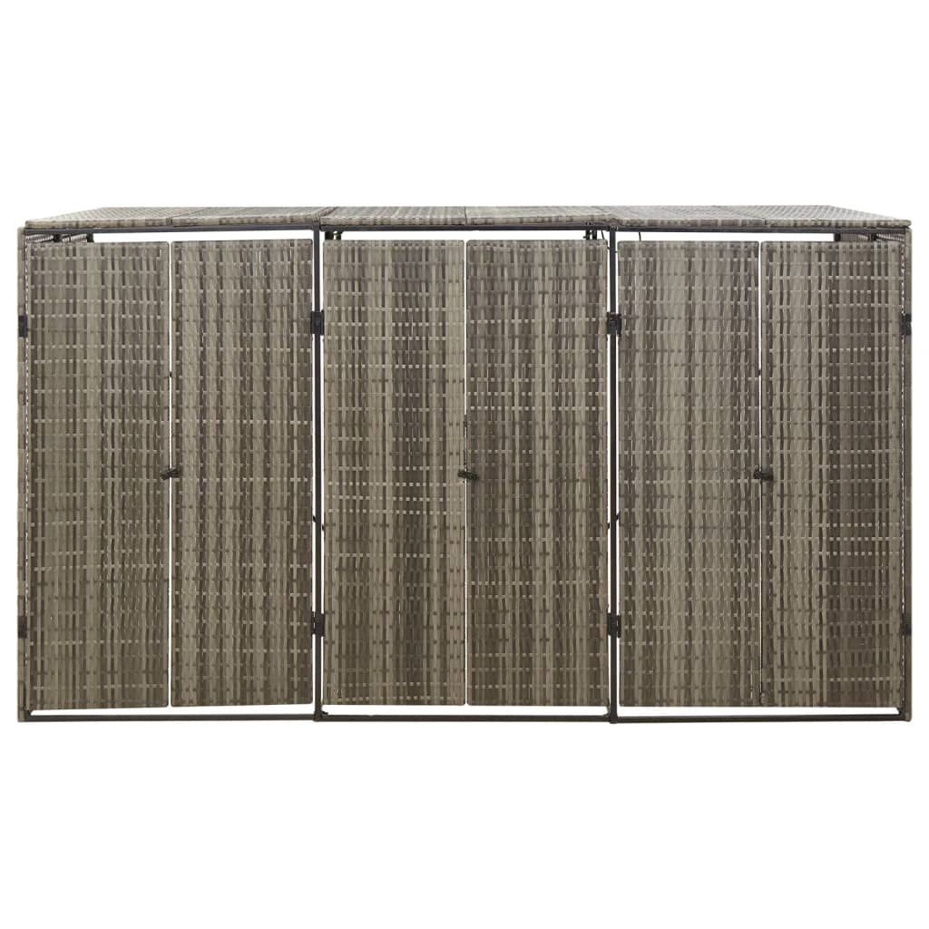 Gray poly rattan triple wheelie bin shed with three doors, 81.5x31.5x46.1 inches.