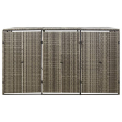 Gray poly rattan triple wheelie bin shed with three doors, 81.5x31.5x46.1 inches.
