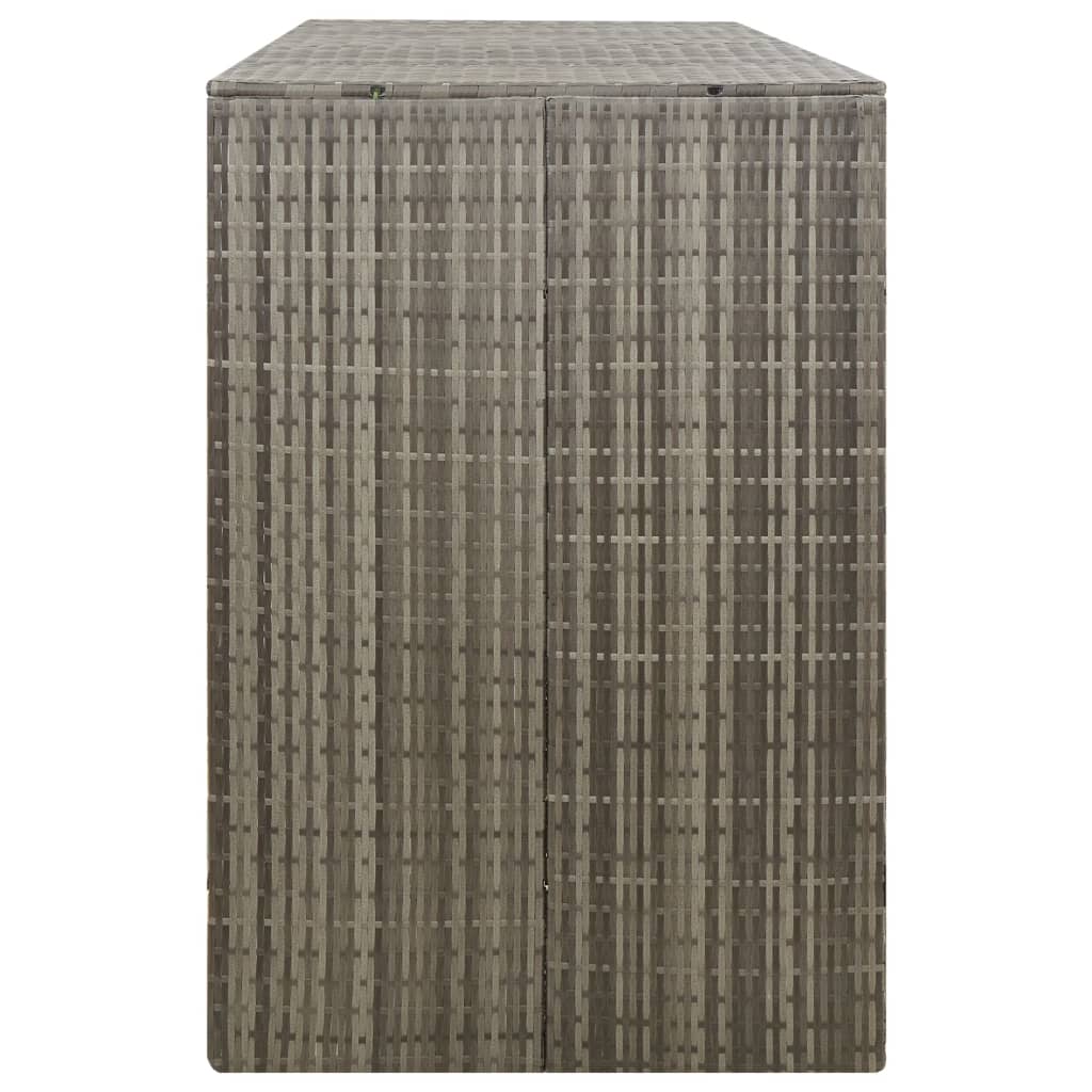 Gray poly rattan triple wheelie bin shed with locking doors and flip-top lids.