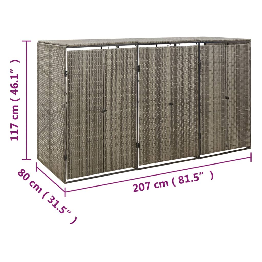 Gray poly rattan triple wheelie bin shed measuring 81.5 x 31.5 x 46.1 inches.