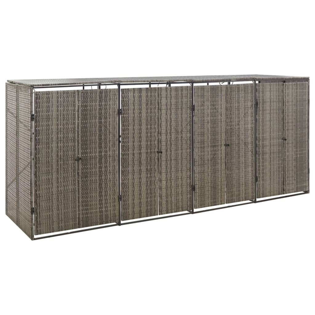 Gray poly rattan quadruple wheelie bin shed with lockable doors and slatted panels.