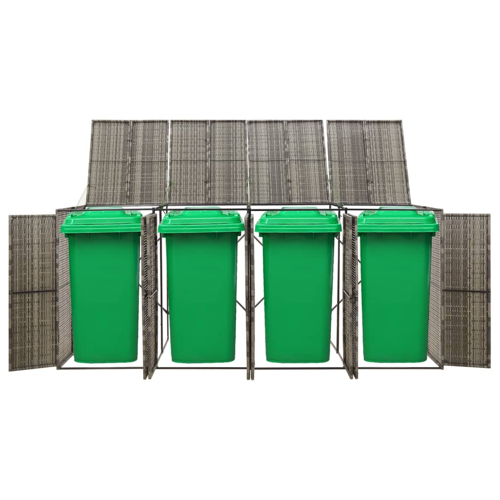 Gray poly rattan quadruple wheelie bin shed with four green bins and solar roof panels.