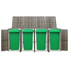 Gray poly rattan quadruple wheelie bin shed with four green bins and solar roof panels.