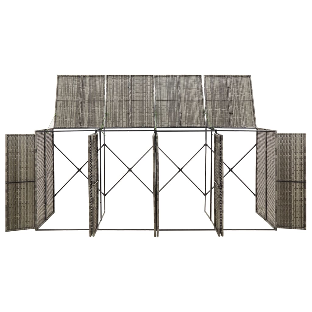 Gray poly rattan quadruple wheelie bin shed with slatted panels and open doors.