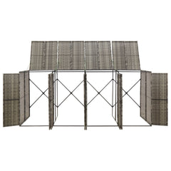 Gray poly rattan quadruple wheelie bin shed with slatted panels and open doors.