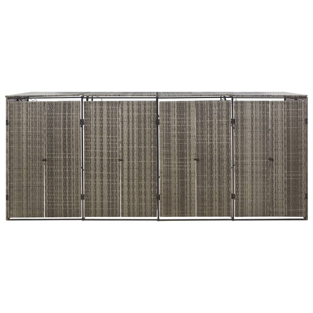 Gray poly rattan quadruple wheelie bin shed with four hinged doors, measuring 107.9x31.5x46.1 inches.